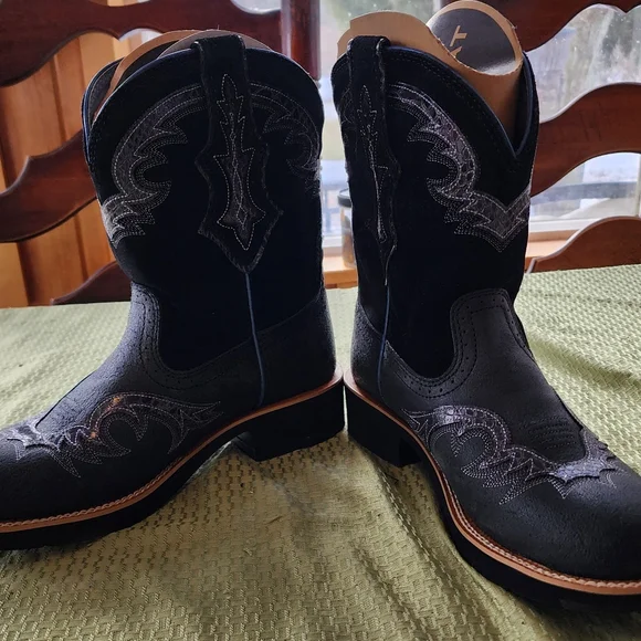 Ariat Showbaby Fatbaby U Turn Cowboy Boots Roughed Black Leather Suede Size 9.5 - Picture 10 of 15